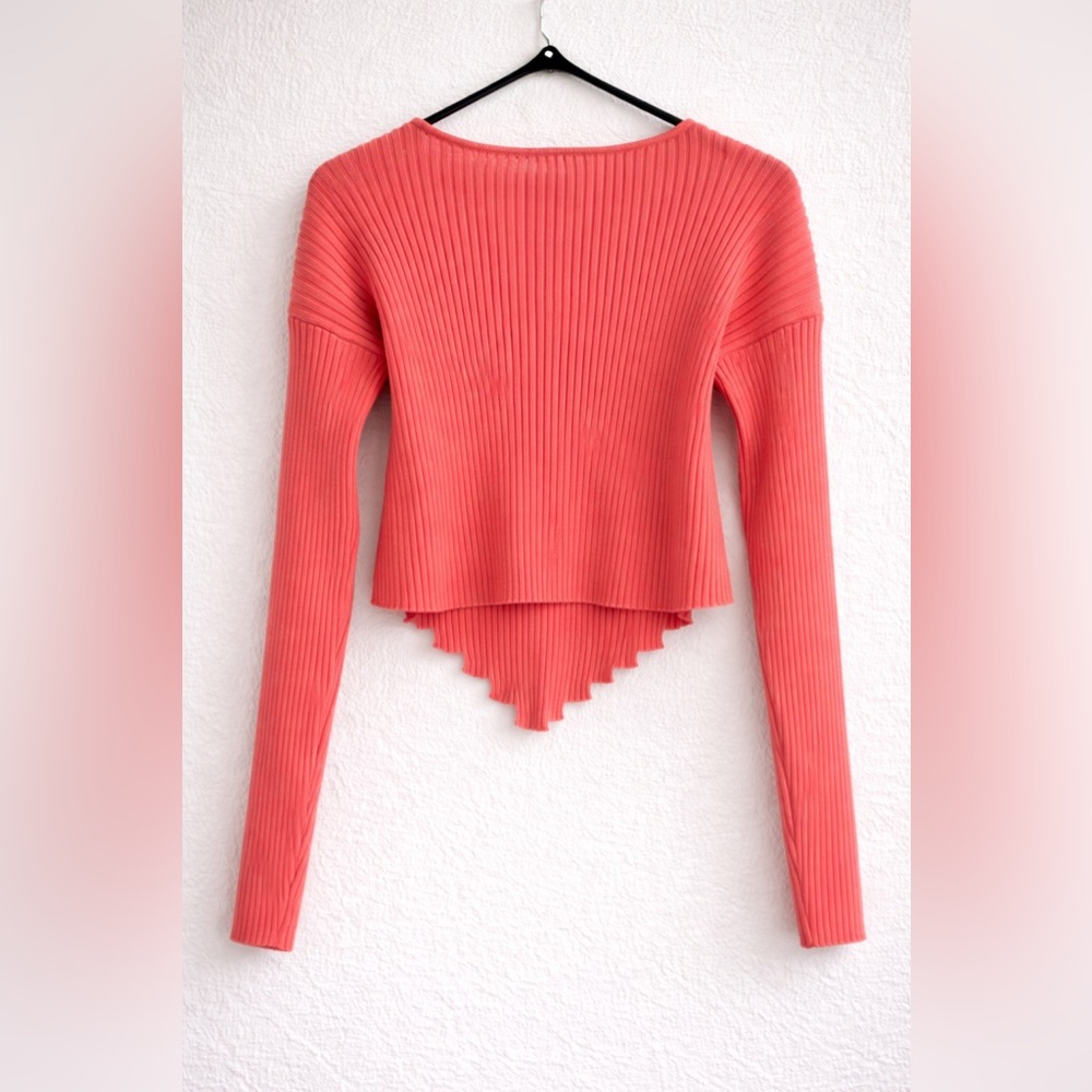 So Me Coral Ribbed Knit Long Sleeve Asymmetrical Crop Top Size M
